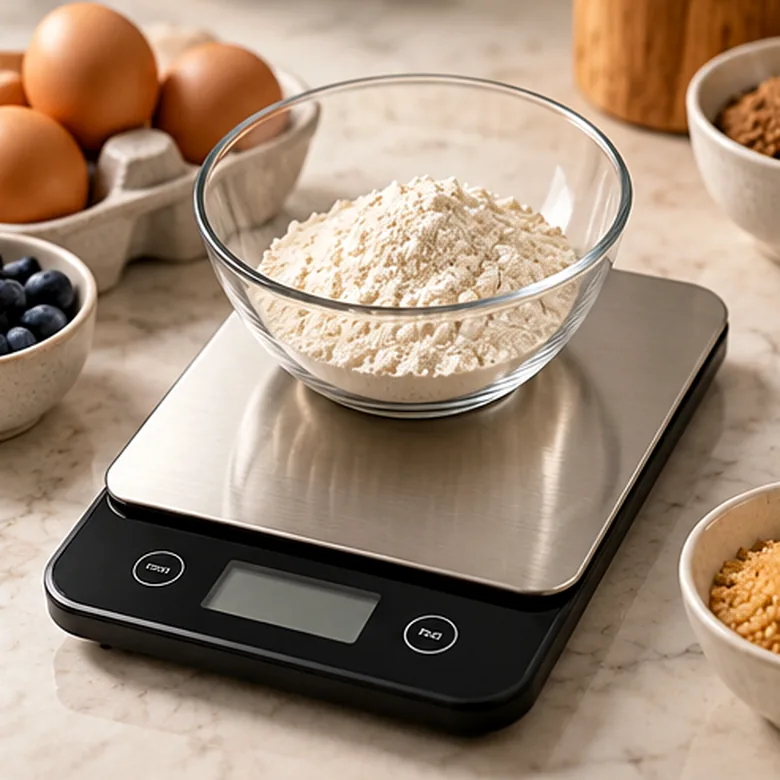Illustrative AI-generated scene showing the general type of Etekcity Digital Kitchen Scale; not the exact manufacturer product.