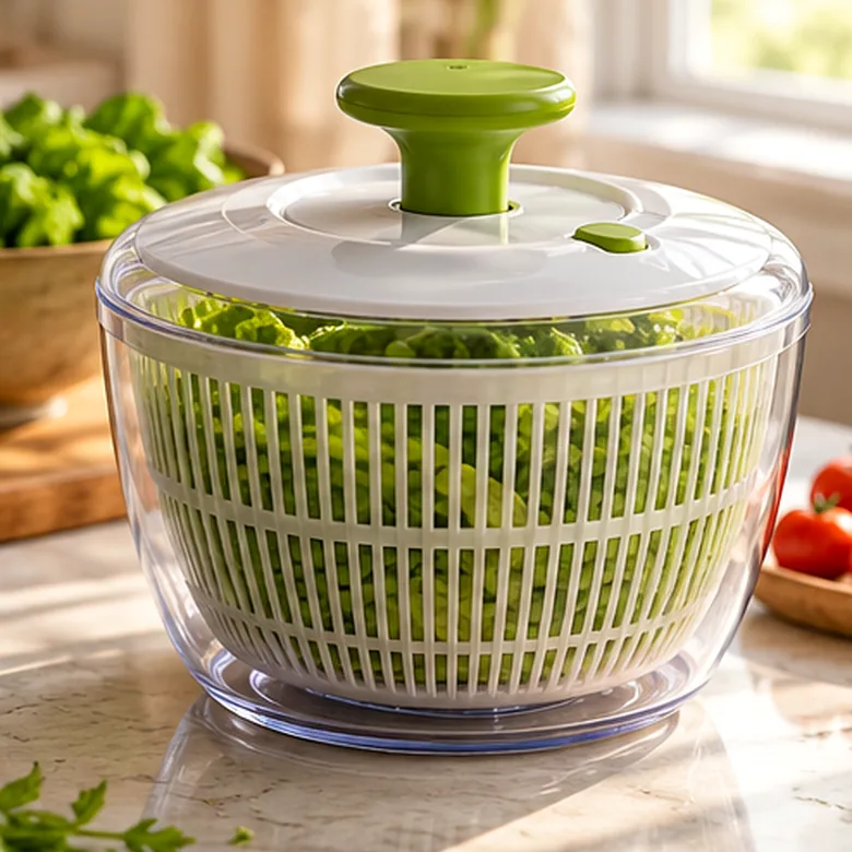 Illustrative AI-generated scene showing the general type of OXO Good Grips Salad Spinner; not the exact manufacturer product.