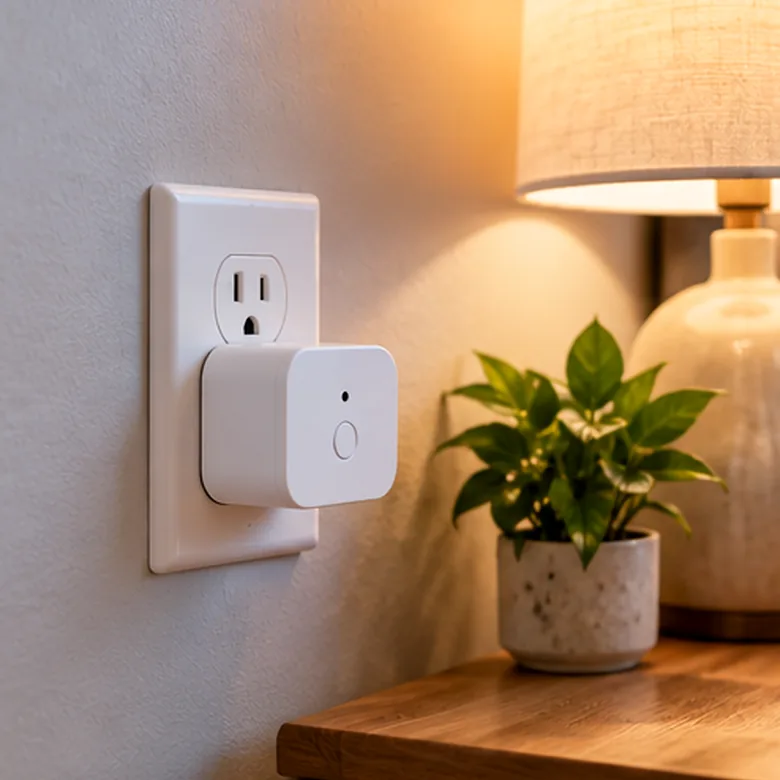 Illustrative AI-generated scene showing the general type of Kasa Smart Plug Mini; not the exact manufacturer product.