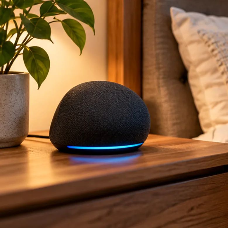 Illustrative AI-generated scene showing the general type of Amazon Echo Pop Smart Speaker; not the exact manufacturer product.
