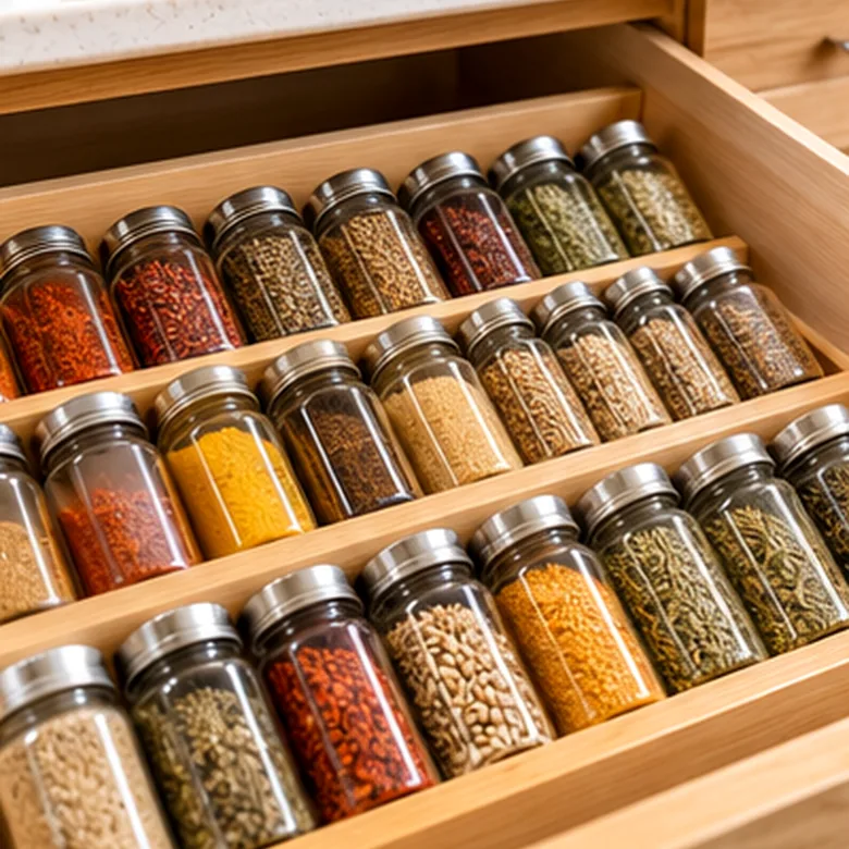 Illustrative AI-generated scene showing the general type of SpaceAid Bamboo Spice Drawer Organizer; not the exact manufacturer product.
