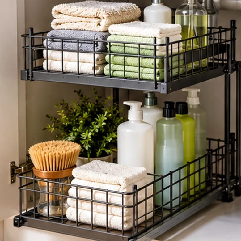 Illustrative AI-generated scene showing the general type of SimpleHouseware 2-Tier Sliding Basket; not the exact manufacturer product.