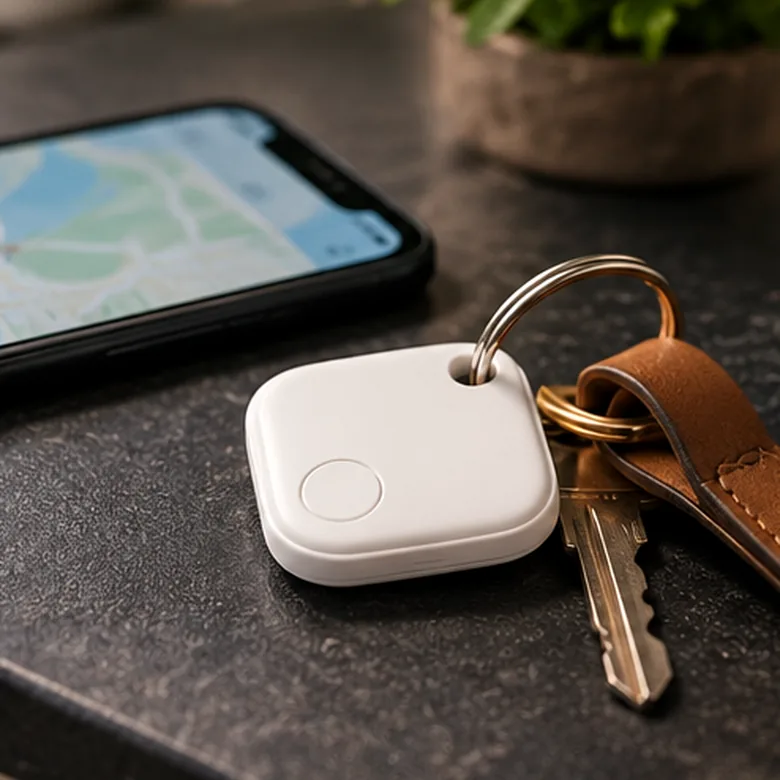 Illustrative AI-generated scene showing the general type of Tile Mate Bluetooth Tracker; not the exact manufacturer product.