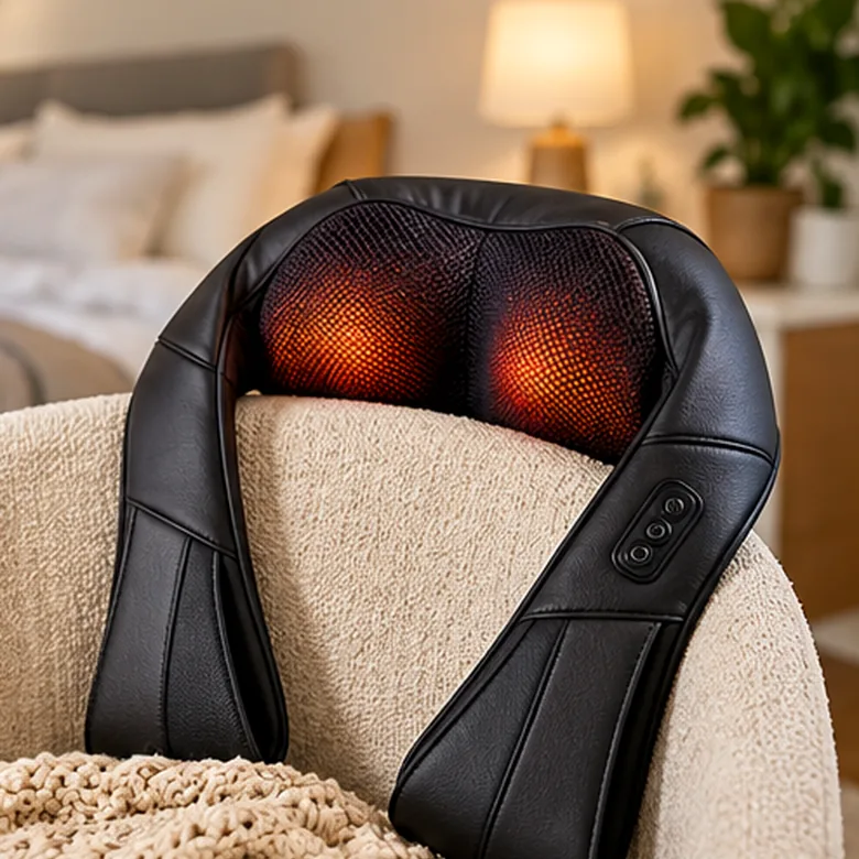 Illustrative AI-generated scene showing the general type of Nekteck Shiatsu Neck and Back Massager; not the exact manufacturer product.