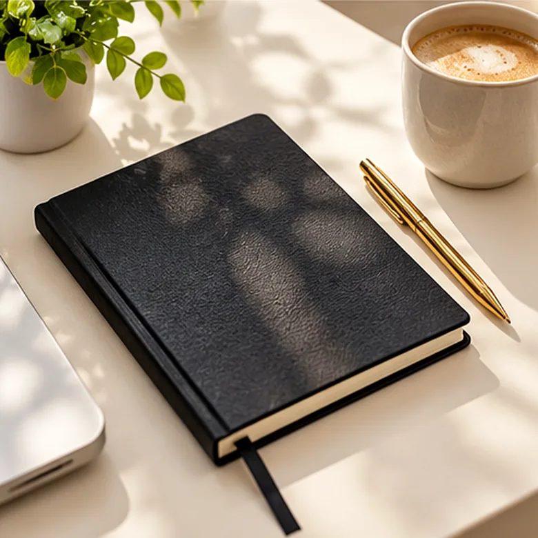 Illustrative AI-generated scene showing the general type of Moleskine Classic Notebook; not the exact manufacturer product.