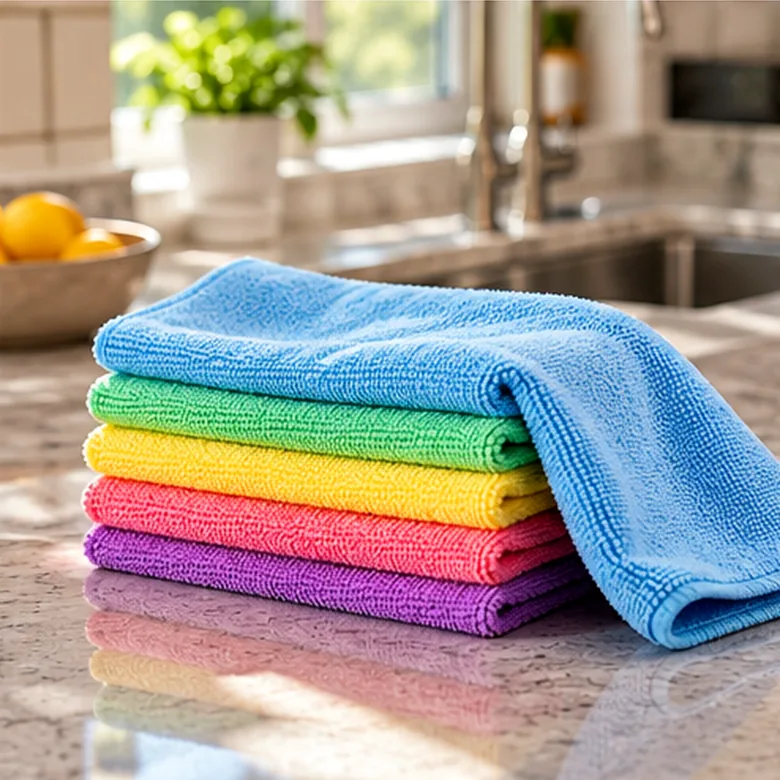 Illustrative AI-generated scene showing the general type of Amazon Basics Microfiber Cleaning Cloths; not the exact manufacturer product.