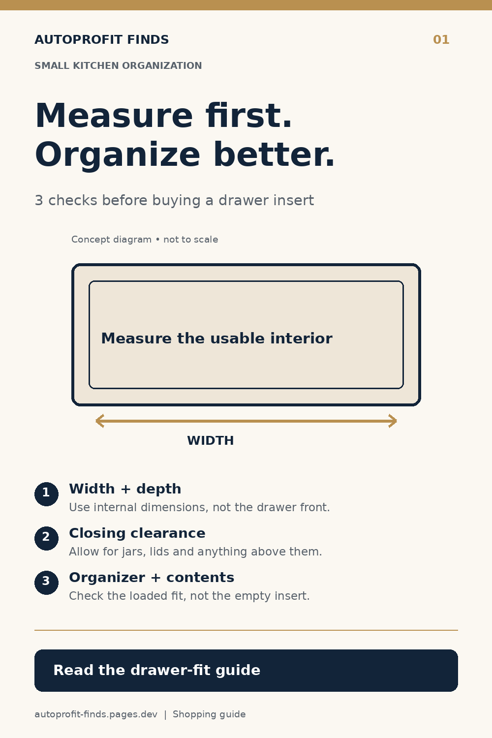 Checklist for measuring a kitchen drawer before buying an insert