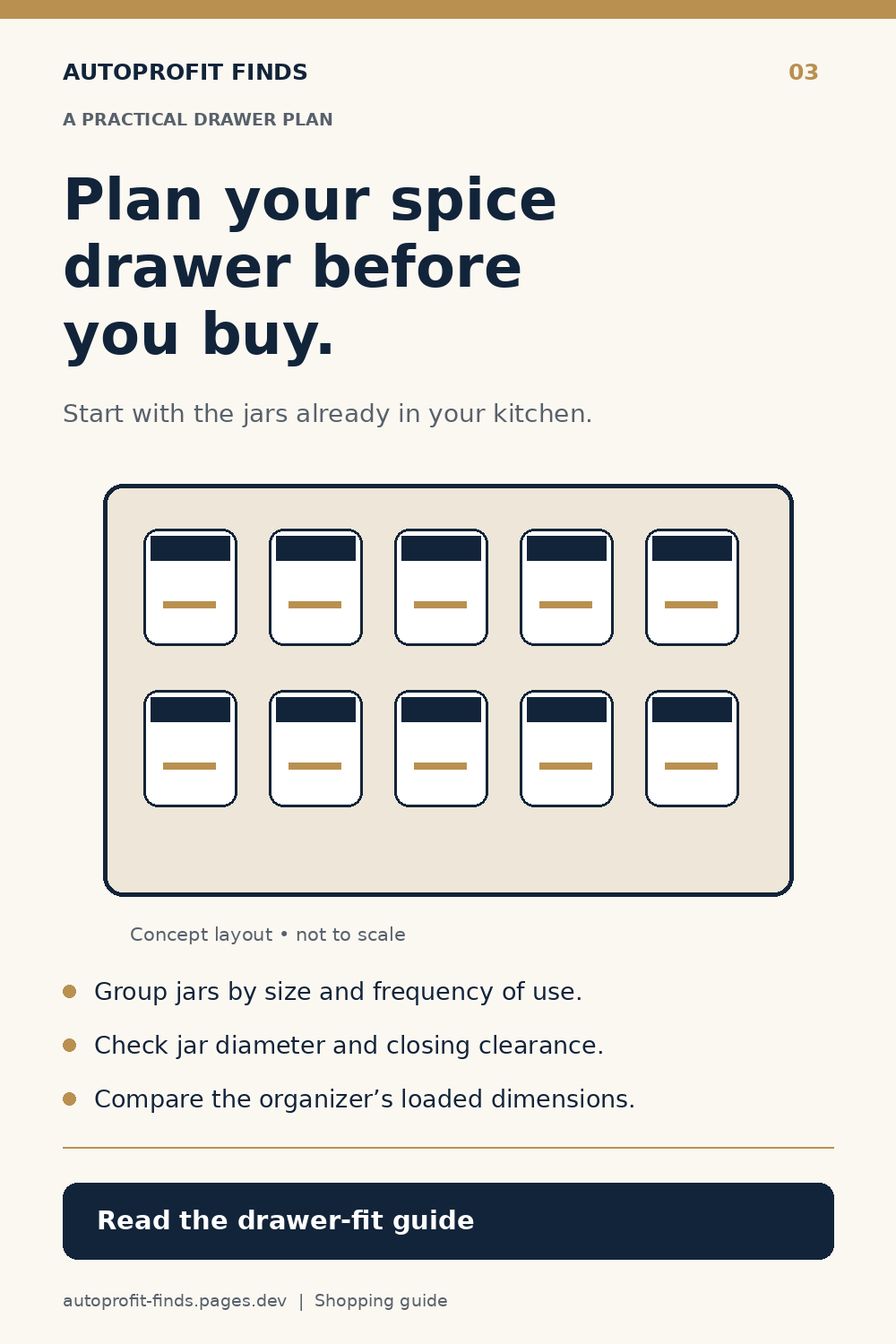 Concept layout for planning spice jars in a drawer